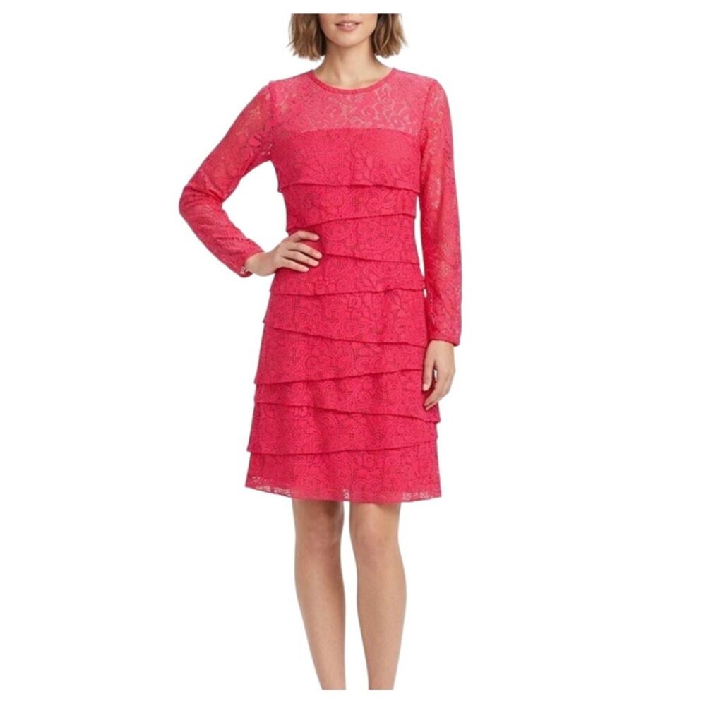 Laundry by Shelli Segal Pink Lace Dress Colorful Long Sleeve Mini Sheath Size 6
